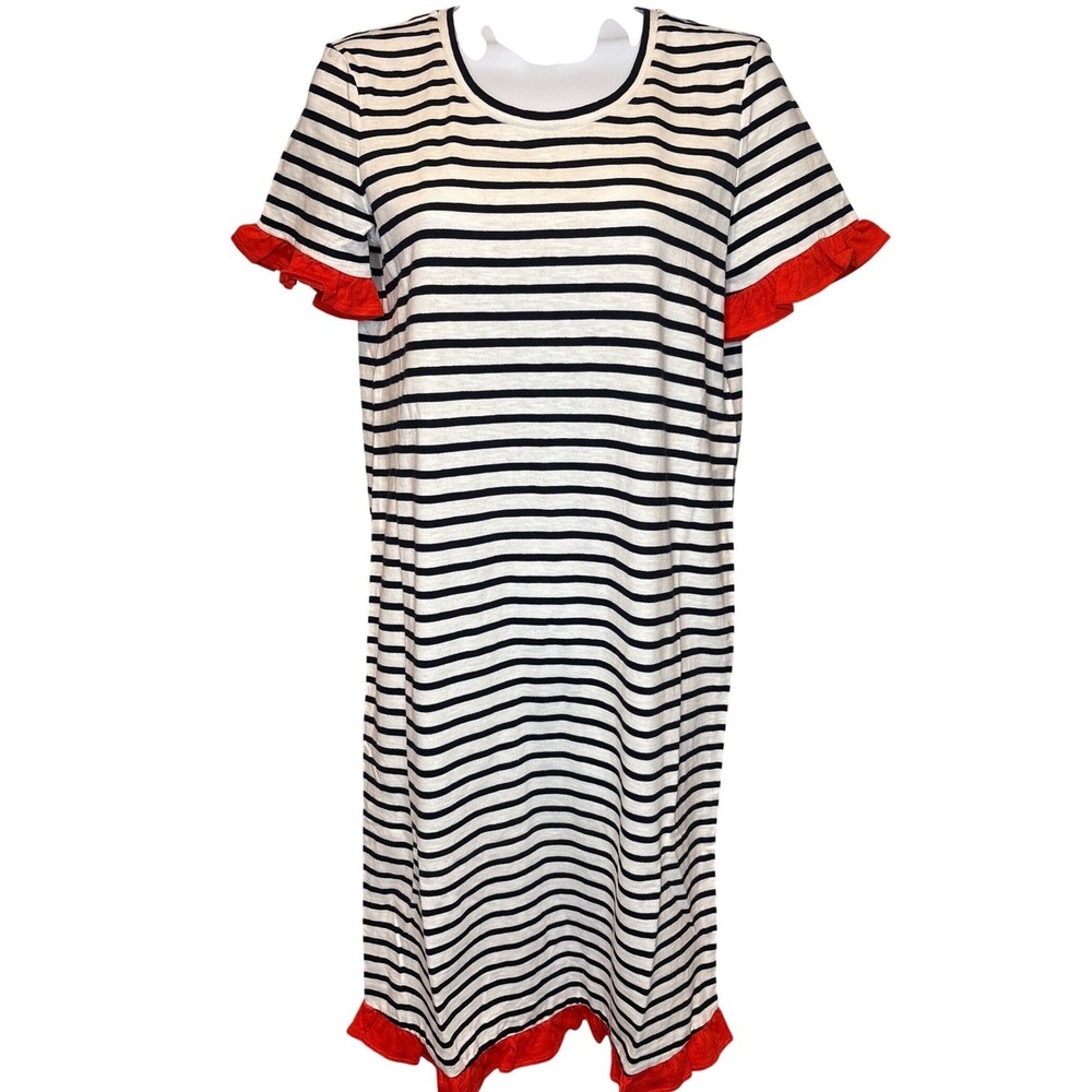 NWT Boden Women Navy White Stripe Ruffle Trim T-Shirt Dress Sz 6 Nautical Breton